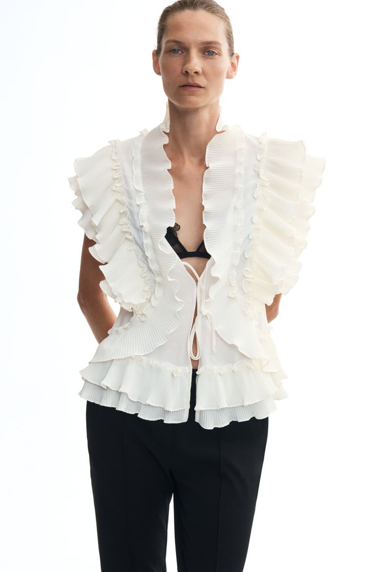 Flounce-Trimmed Tie-Front Blouse, Alternate, color, Cream
