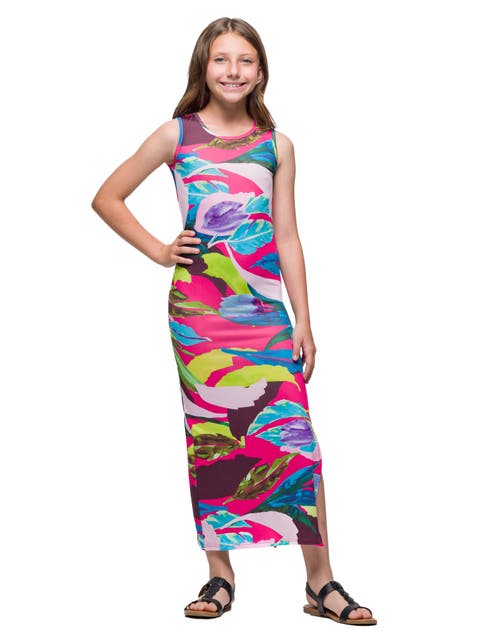 Pink Floral Print Side Slit Maxi Dress