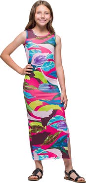 24sevenKid Pink Floral Print Side Slit Maxi Dress