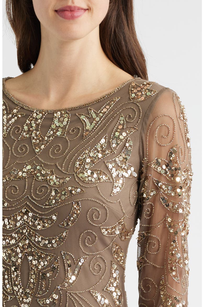 Illusion Sleeve Beaded A-Line Gown, Alternate, color, JBS MOCHA