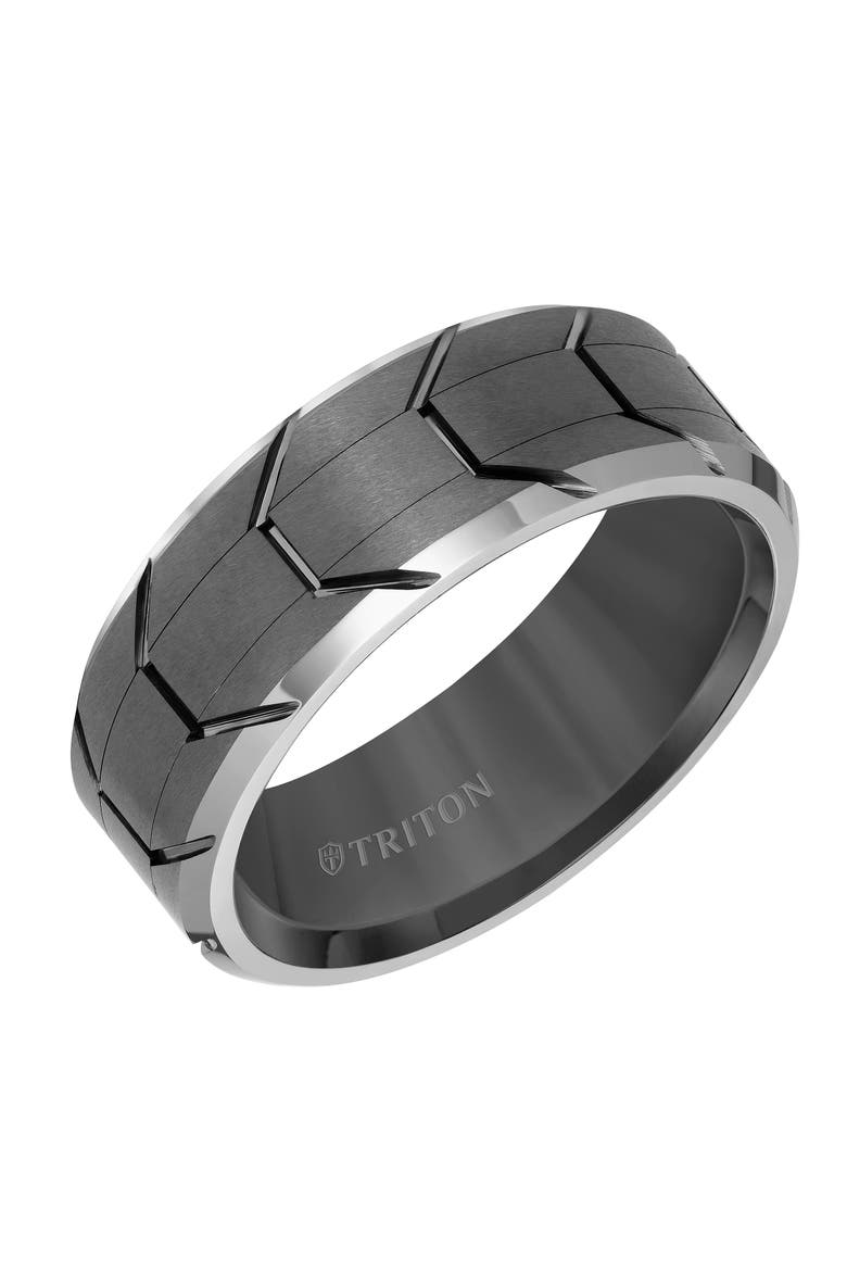 8MM Tungsten Carbide Ring with Gunmetal Tire Tread Center and Bevel Edge, Main, color, Metallic Silver