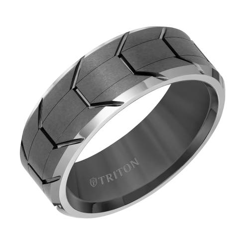 8MM Tungsten Carbide Ring with Gunmetal Tire Tread Center and Bevel Edge