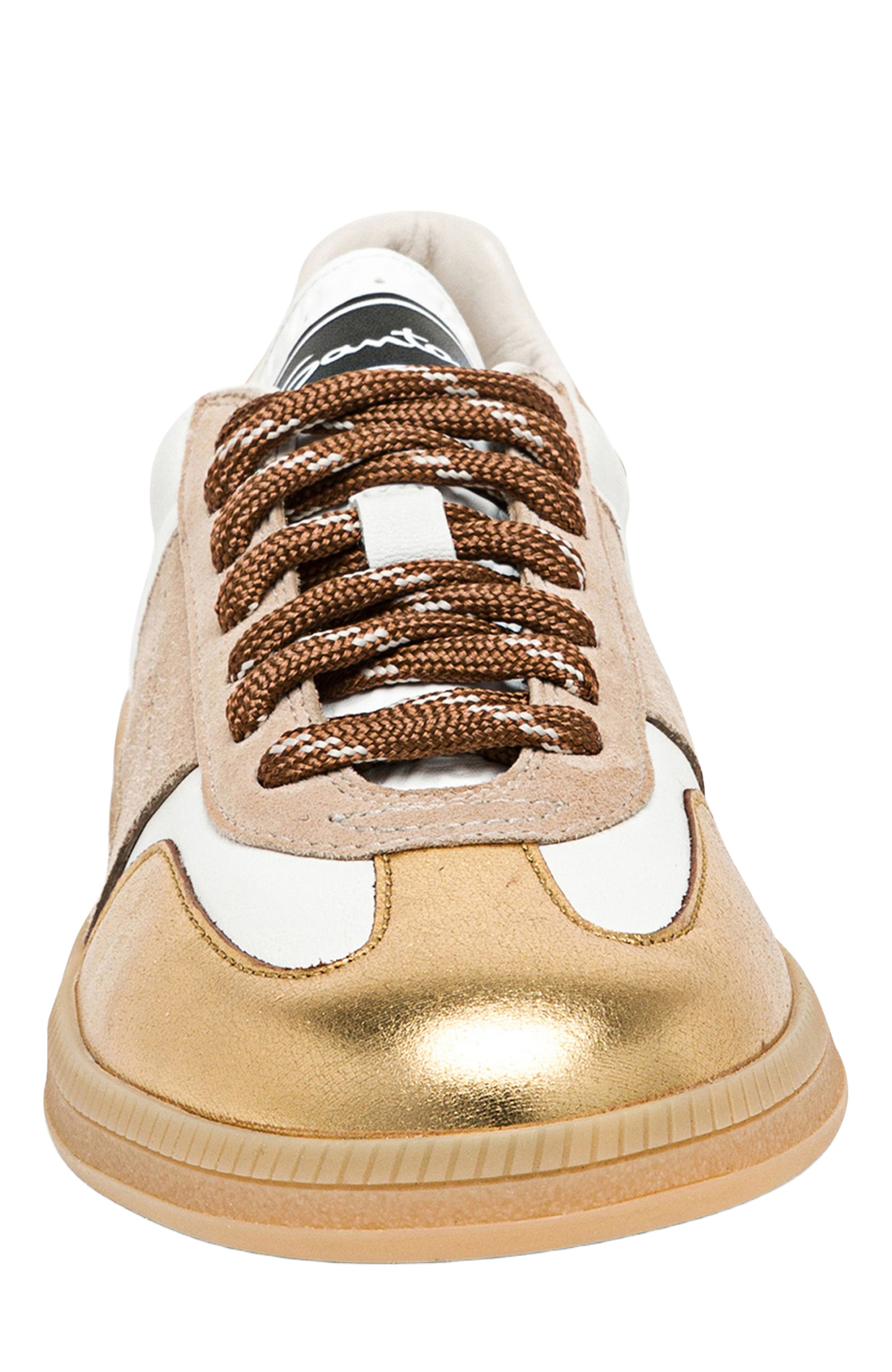 Santoni Women's leather and suede DBS Oly sneaker, Alternate, color, White/Beige/Silver