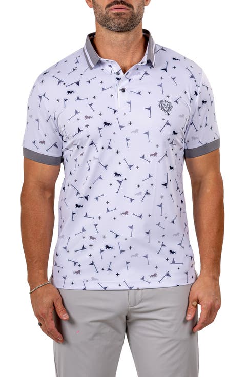 Ascension0039 White Golfer Print Stretch Nylon Polo
