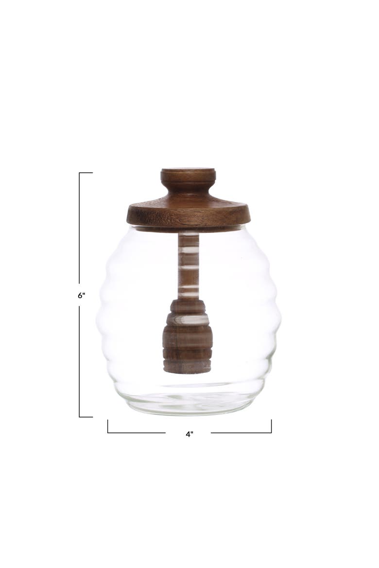 4 Inches Round 14-Ounce Glass Honey Jar with Acacia Wood Lid and Attached Honey Dipper for Kitchen, Natural, Alternate, color, Natural