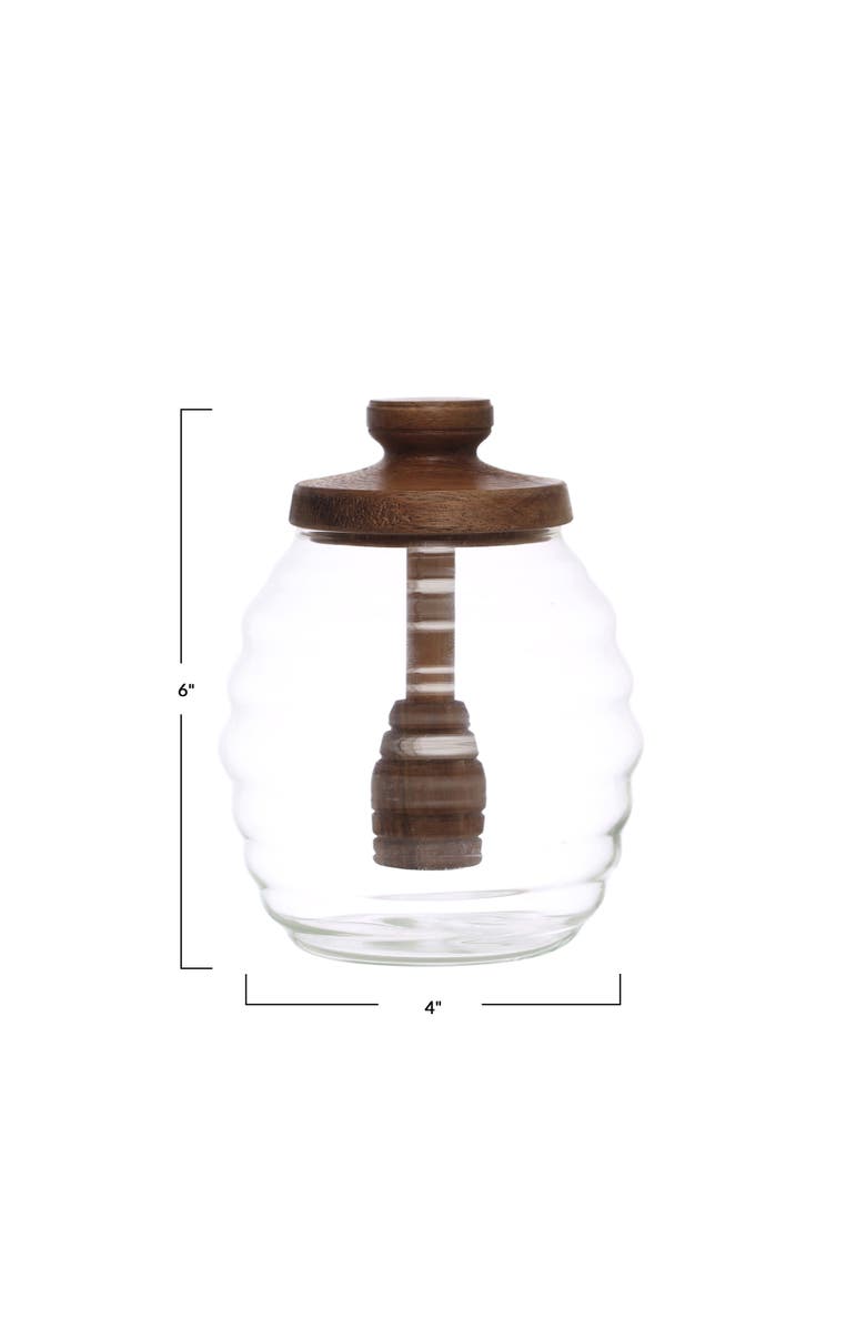 Storied Home 4 Inches Round 14-Ounce Glass Honey Jar with Acacia Wood Lid and Attached Honey Dipper for Kitchen, Natural, Alternate, color, Natural
