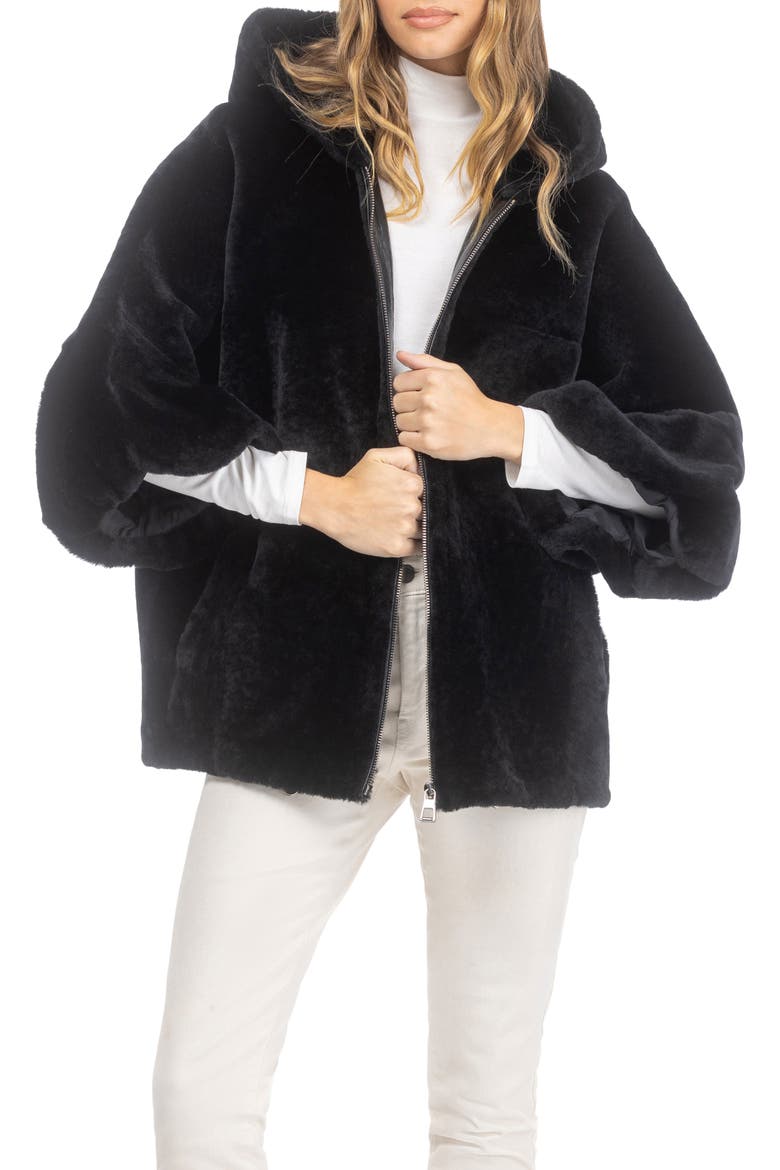 Genuine Shearling Short Jacket with Cropped Sleeves, Alternate, color, BLACK