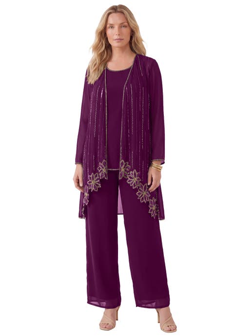 Plus-Size Long Sleeve Floral Beaded Georgette Three-Piece Pant Set (Plus)