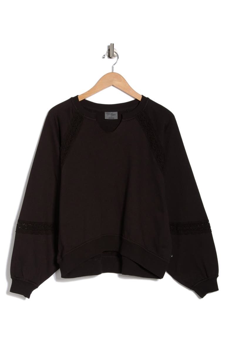 Jessica Simpson Lace Fleece Split Crewneck Sweatshirt, Alternate, color, Meteorite