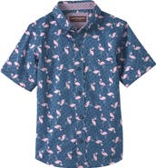 Johnston & Murphy Kids' Flamingo Sun Print Short Sleeve Button-Up Shirt