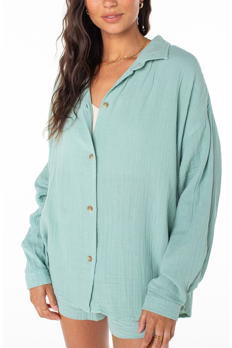 Morning Time Cotton Gauze Button-Up Shirt, Alternate, color, AQUIFER SOLID