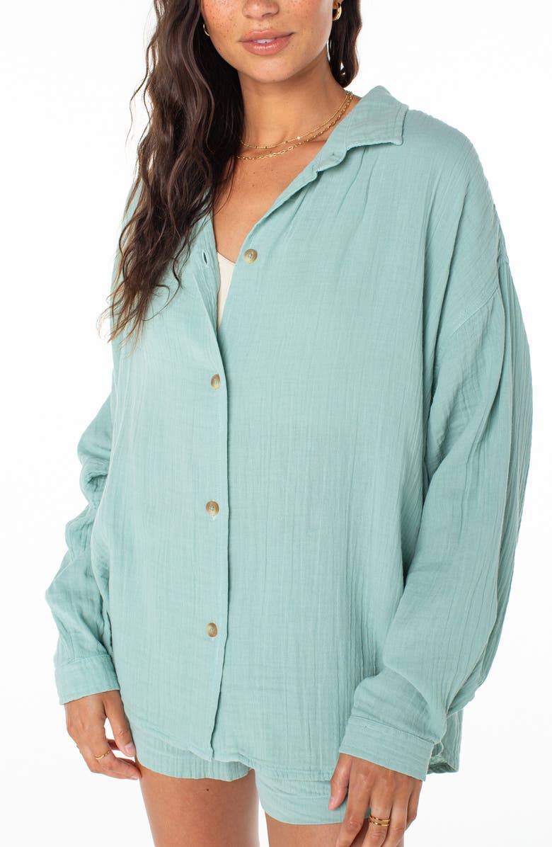 Roxy Morning Time Cotton Gauze Button-Up Shirt, Alternate, color, Aquifer Solid