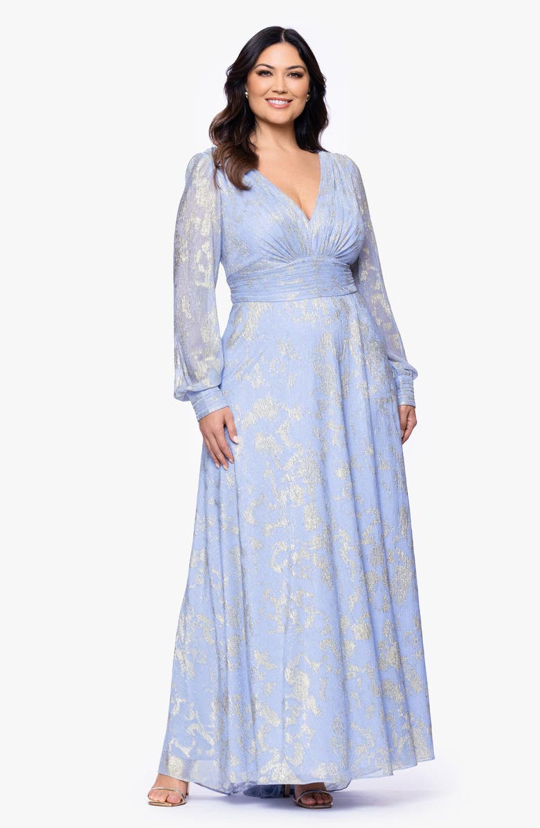 Betsy & Adam Metallic Jacquard Long Sleeve Gown, Alternate, color, Peri/ Gold