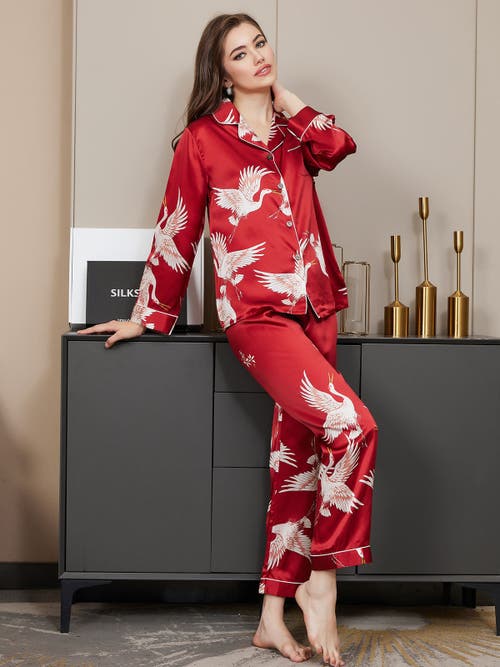 Silksilky 19momme Pure Silk Printed Classic Binding Trim Womens Pajama Set In Darkred