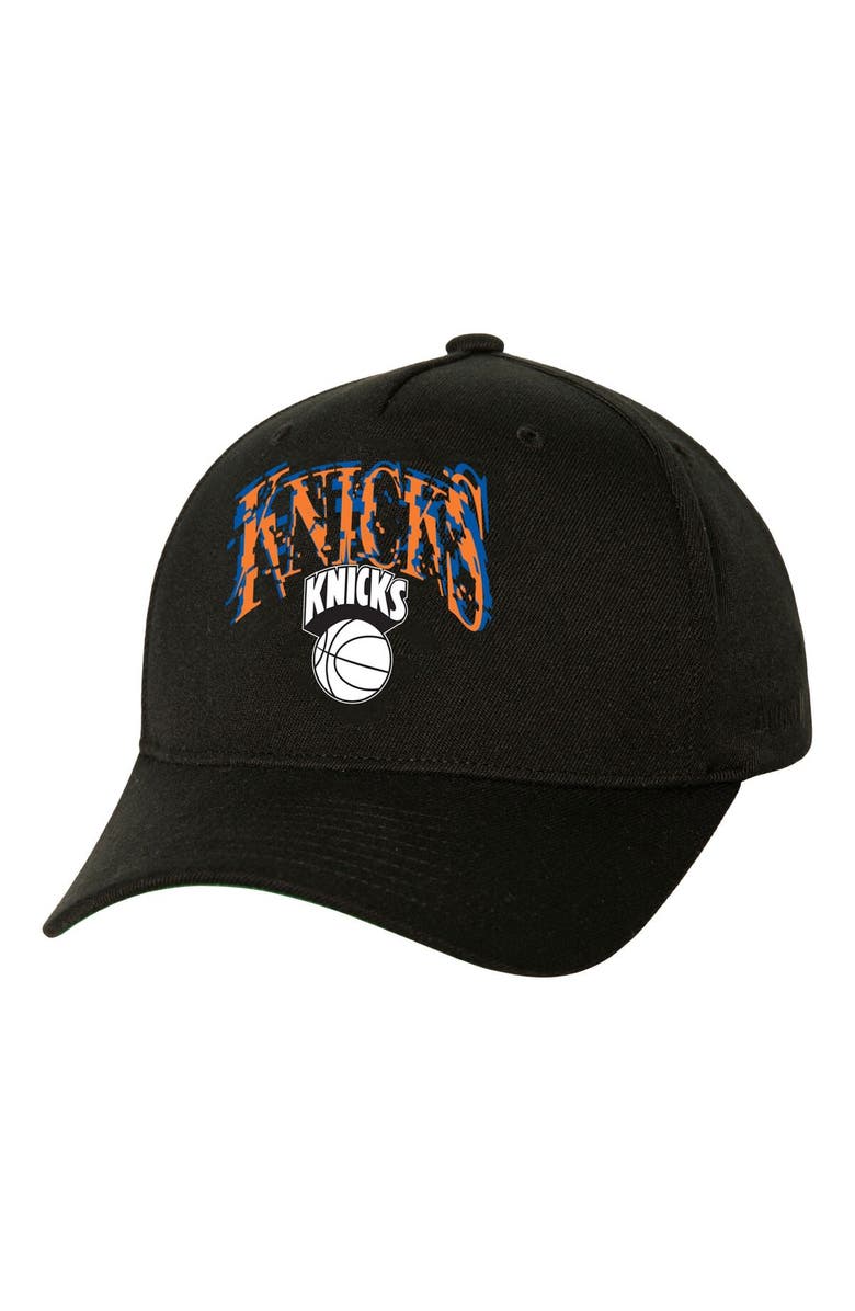 Mitchell & Ness Men's  Black New York Knicks SUGA x NBA by Mitchell & Ness Capsule Collection Glitch Stretch Snapback Hat, Main, color, 