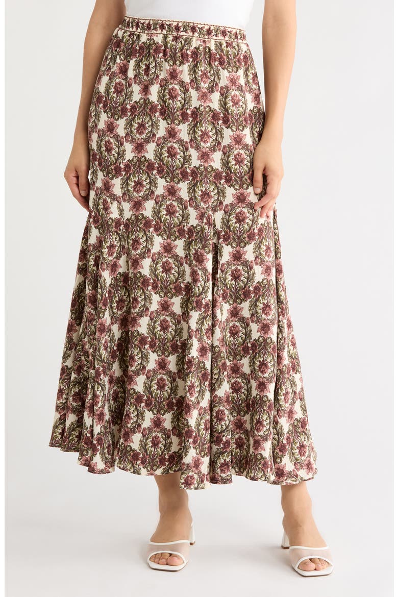 Godet Georgette Skirt, Main, color, ECRU/MAUVE BAROQUE FLORAL