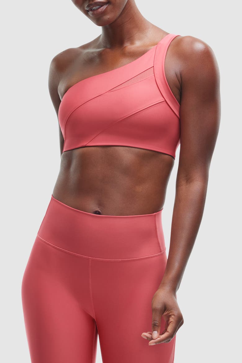 Endurance Light One Shoulder Bra, Main, color, Brick Red