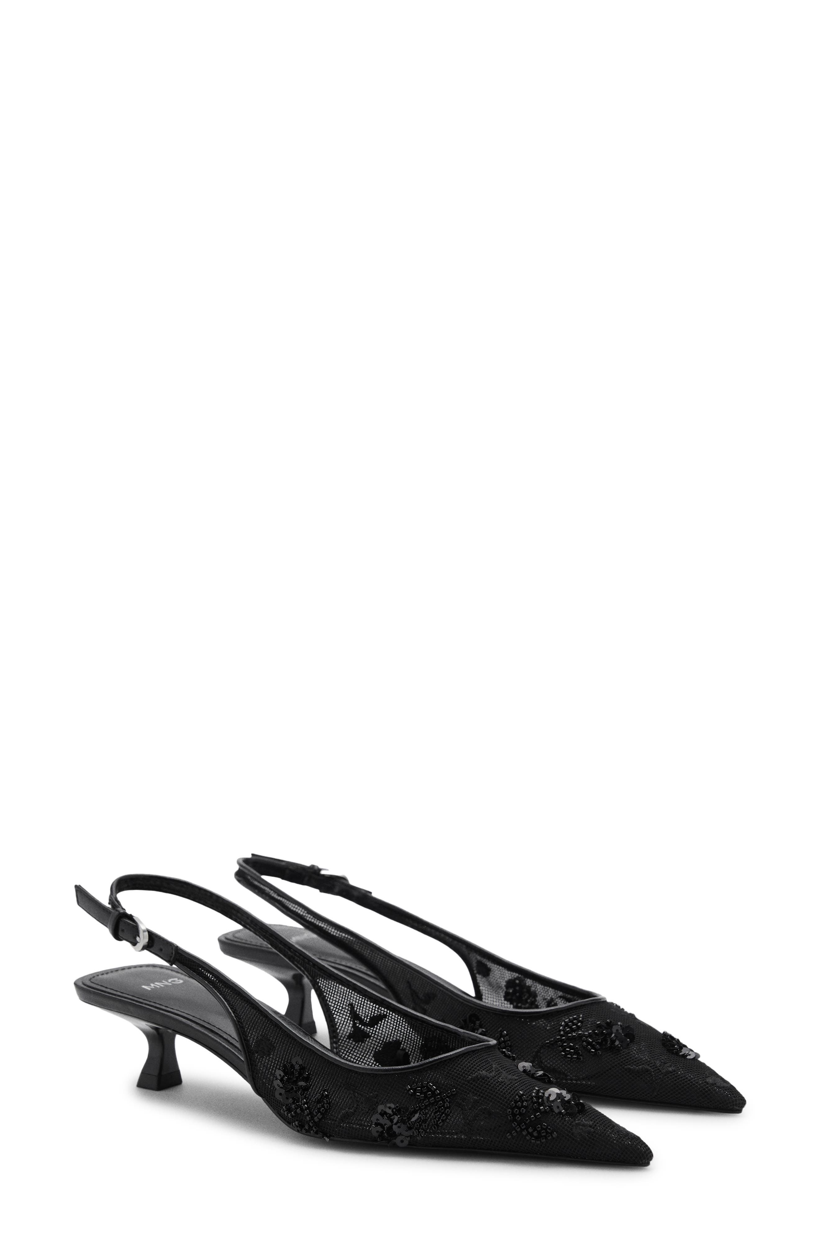 MANGO Kitten Heel Floral Embellished Mesh Slingback Pump, Main, color, 