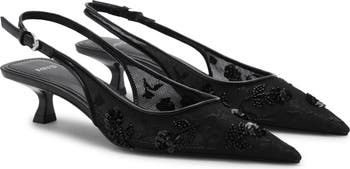Kitten Heel Floral Embellished Mesh Slingback Pump