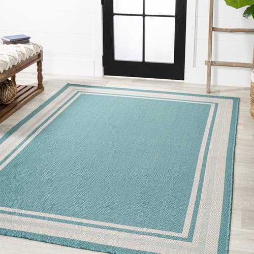 Jonathan Y James Modern Border Stripe Indoor/outdoor Area Rug In Aqua/beige