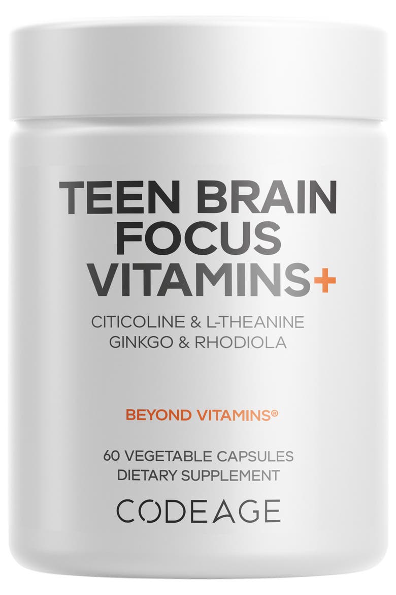 Teen Brain Focus Vitamins+ Citicoline Cognizin, L-Theanine, Herbal Blend, 12-18 Years, Main, color, White