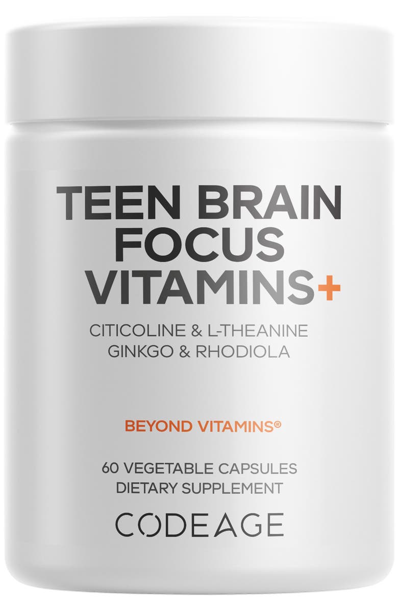 Codeage Teen Brain Focus Vitamins+ Citicoline Cognizin, L-Theanine, Herbal Blend, 12-18 Years, Main, color, White