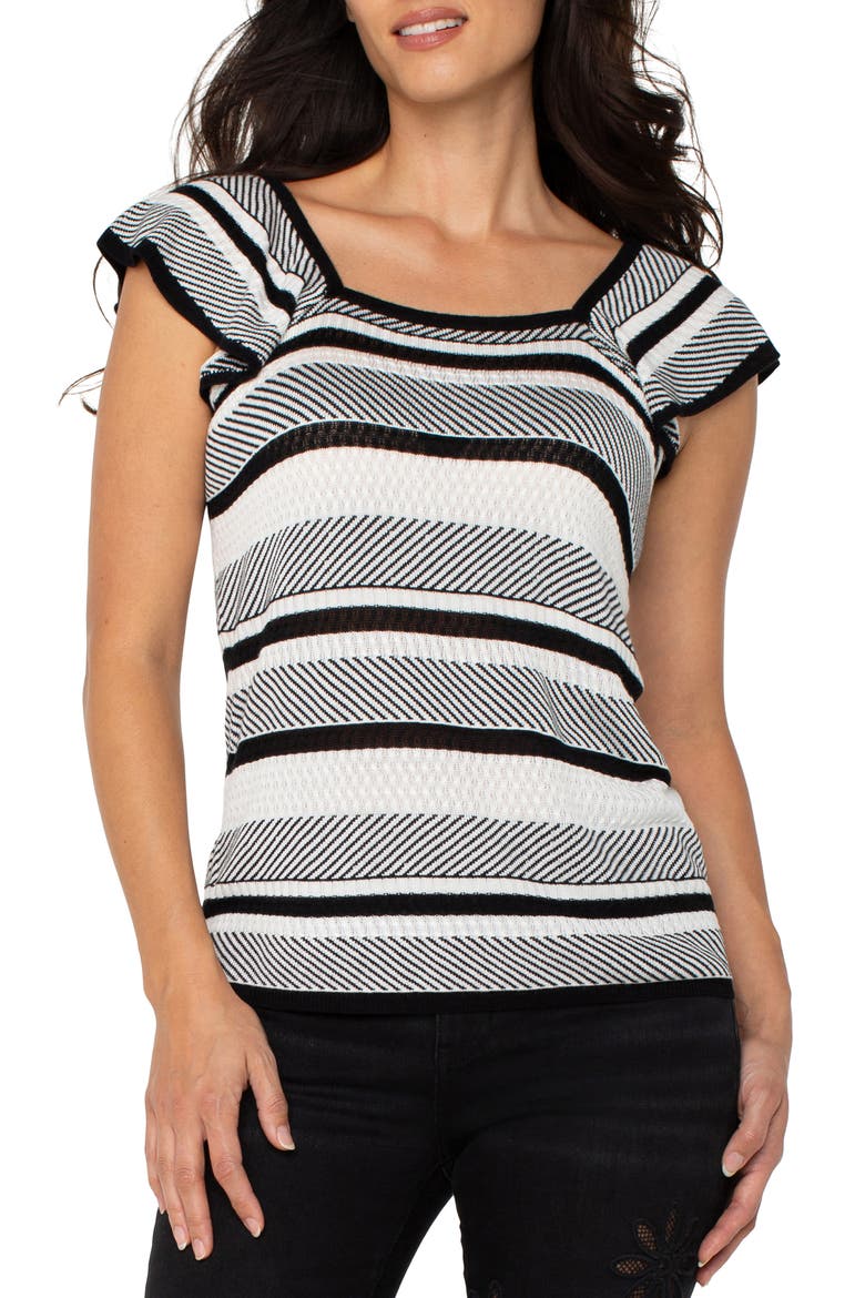 Stripe Ruffle Sleeve Sweater, Main, color, WHITE/ BLACK STRIPE