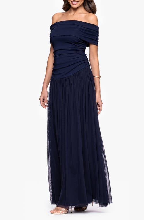 Betsy & Adam Mixed Media Off The Shoulder Gown In Blue