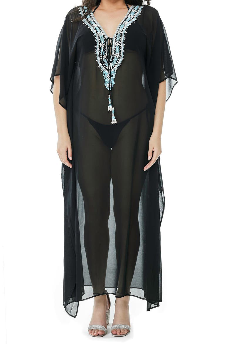 Beaded Mesh Woven Kaftan Coverup, Main, color, BLACK