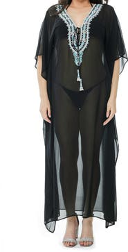 RANEES Beaded Mesh Woven Kaftan Coverup