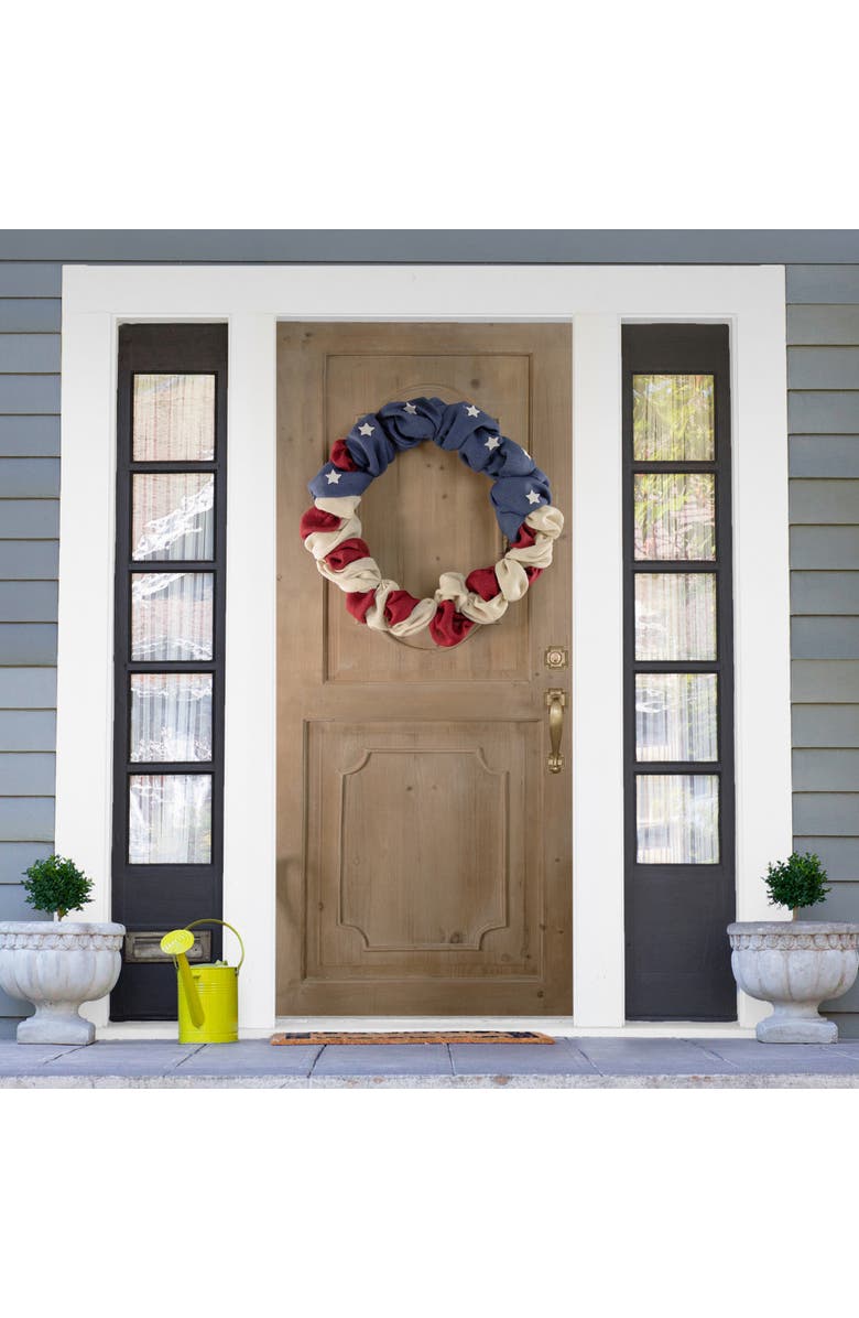 Northlight Americana Stars and Stripes Burlap Patriotic Wreath - 20" - Unlit, Alternate, color,