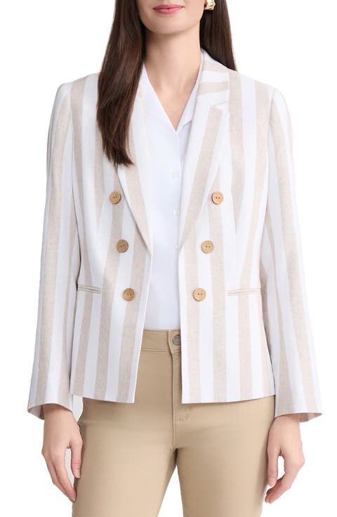 Stripe Double Breasted Linen Blend Blazer