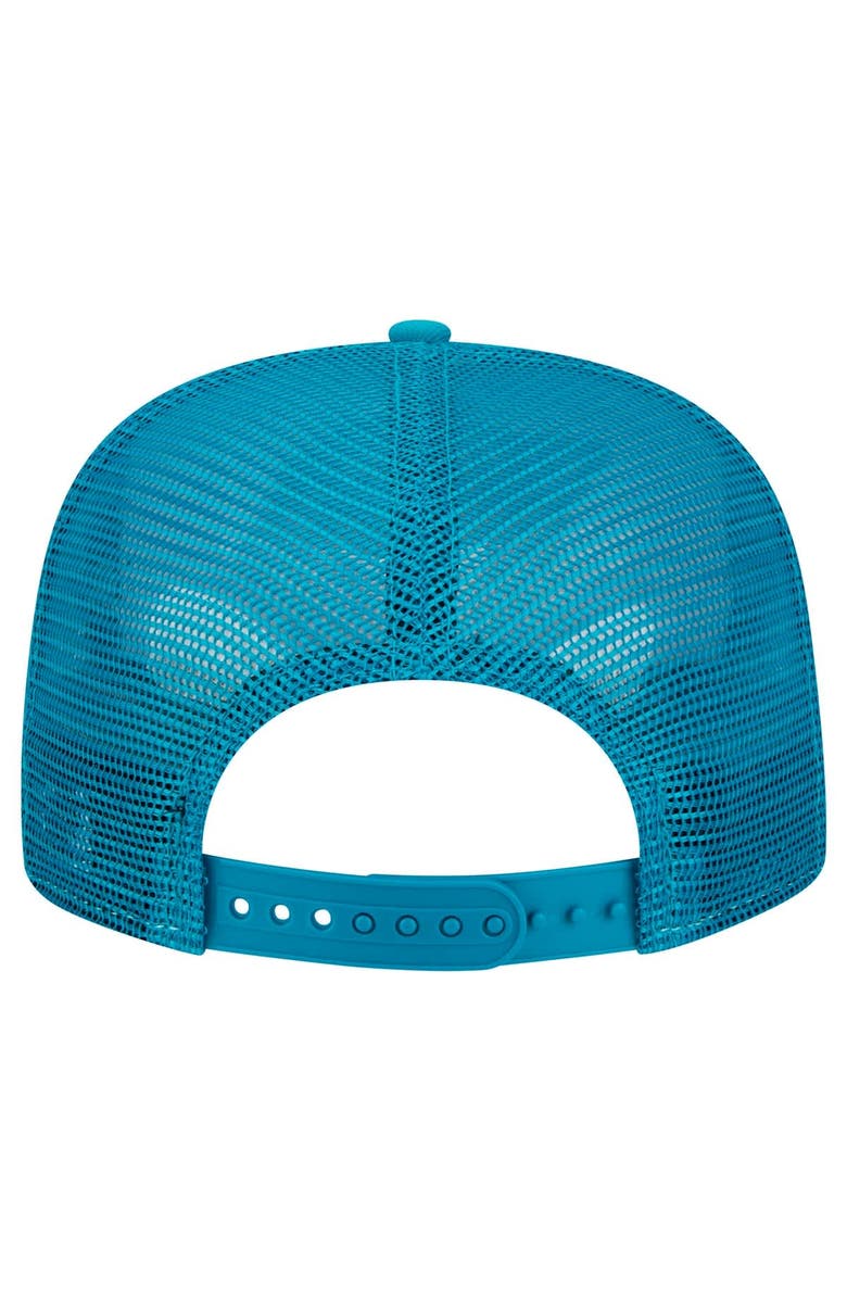 New Era Men's New Era White/Teal Jacksonville Jaguars Striped A-Frame 9FIFTY Trucker Snapback Hat, Alternate, color, 