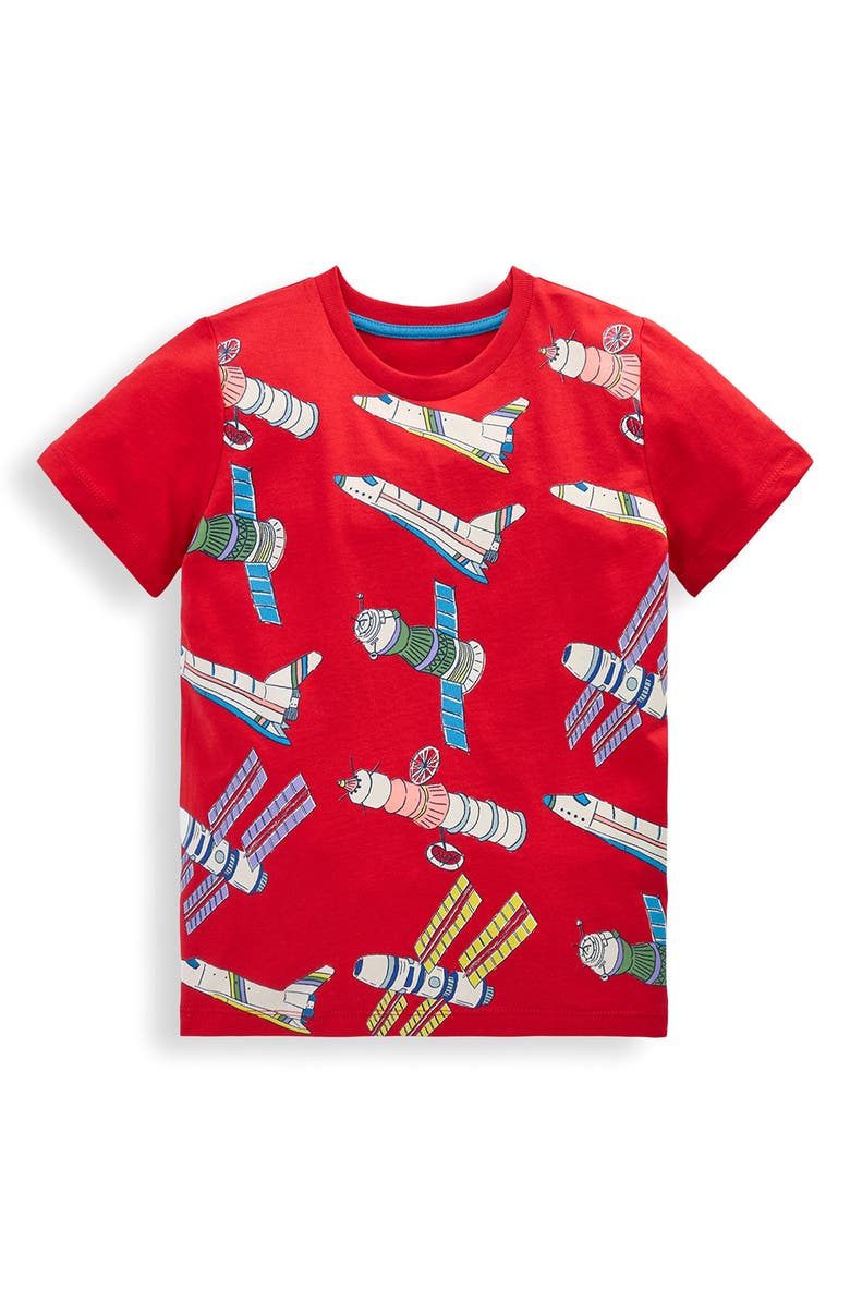 Mini Boden Kids' Spacecraft Print Cotton T-Shirt, Main, color, Poppy Red Satellite