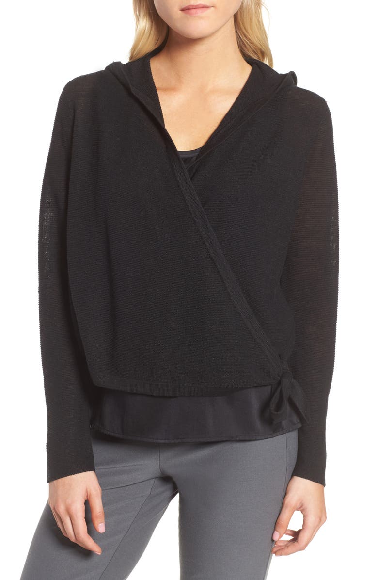 Eileen Fisher Organic Linen Knit Hooded Wrap Cardigan, Main, color,