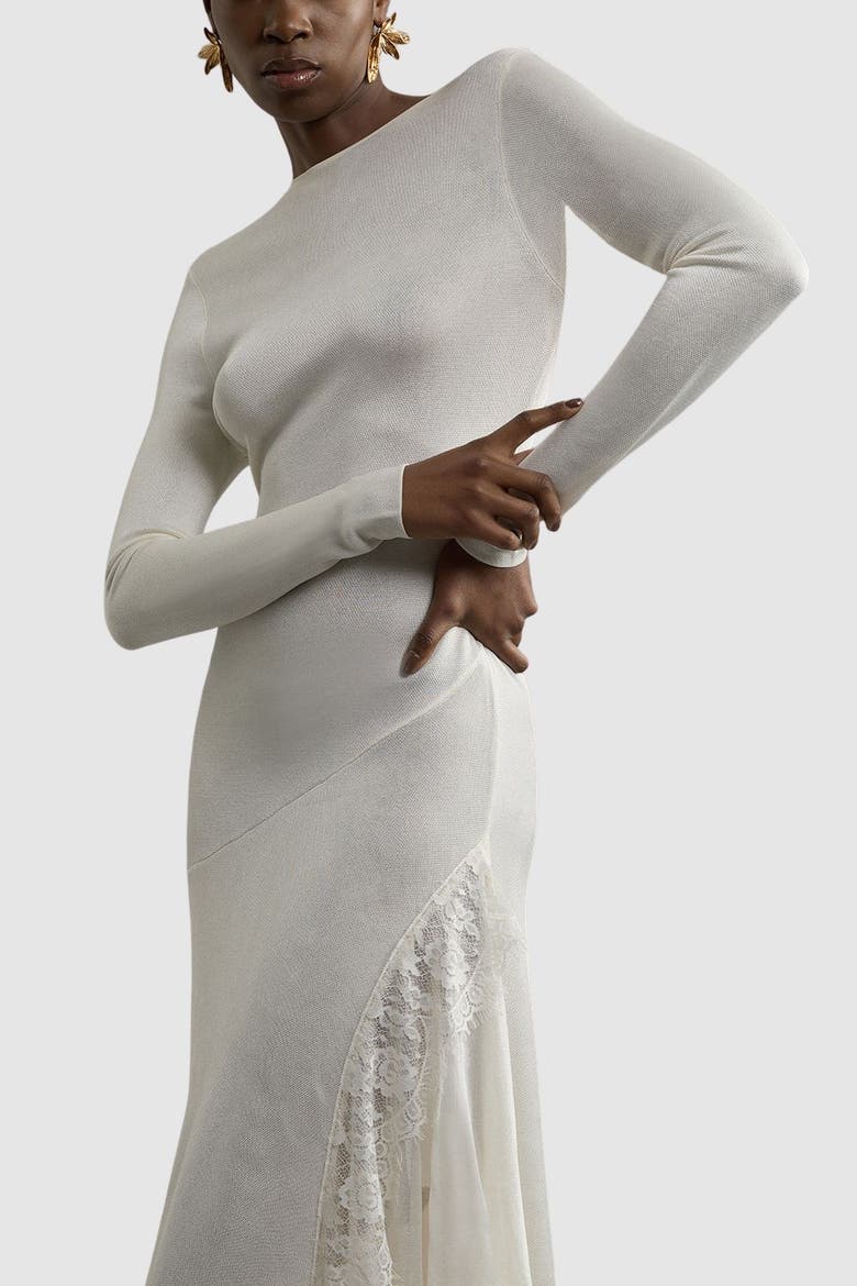 Petite Slinky Lace Asymmetric Maxi Dress, Alternate, color, Cream