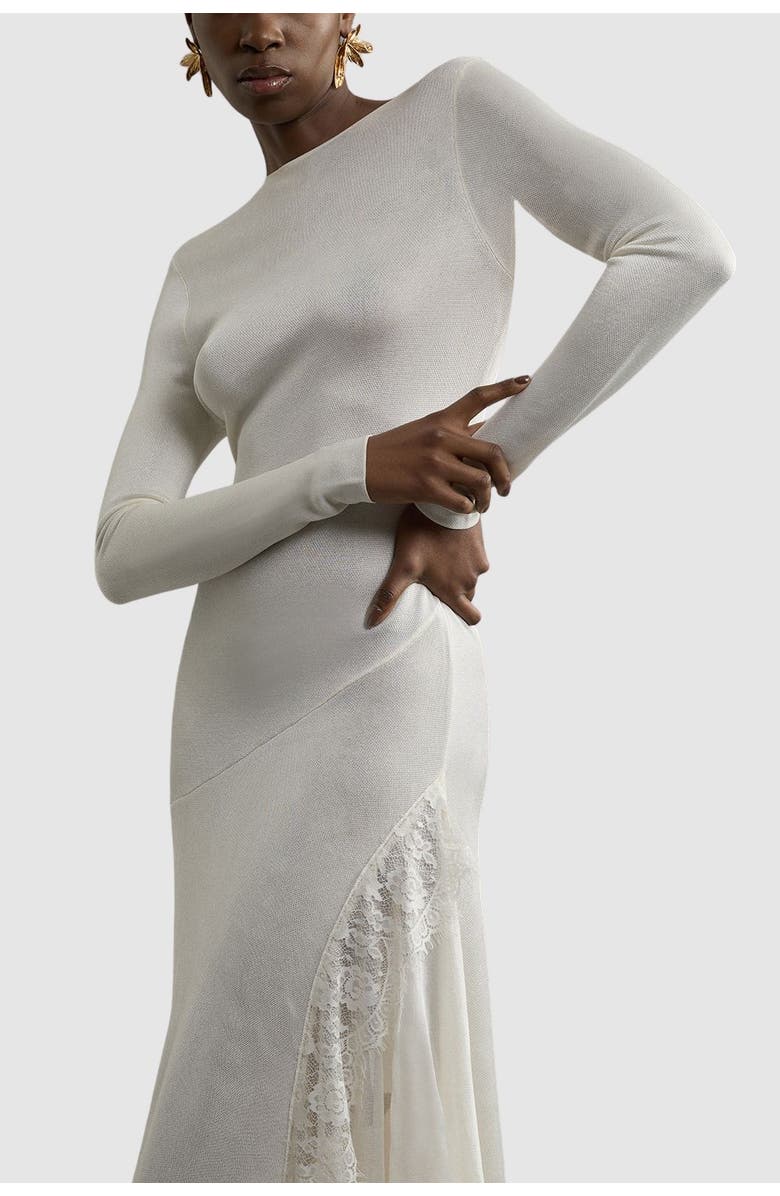 Karen Millen Petite Slinky Lace Asymmetric Maxi Dress, Alternate, color, Cream