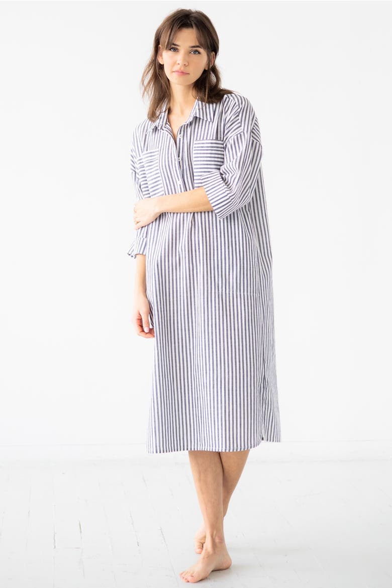 Oversized Button Down Long Shirt, Alternate, color, Navy Stripes