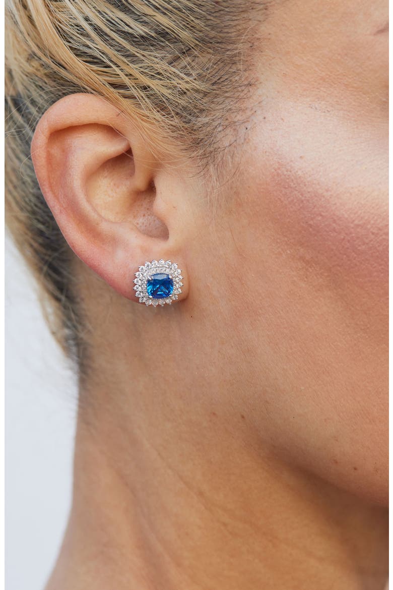 Cubic Zirconia Double Halo Cushion Stud Earrings, Alternate, color, SAPPHIRE BLUE