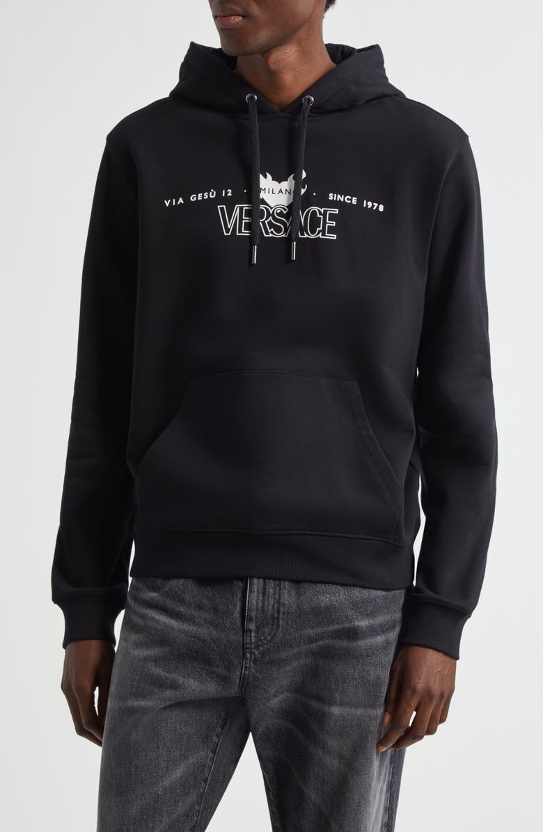 Versace Via Gesù Logo Graphic Hoodie, Main, color, Black Print