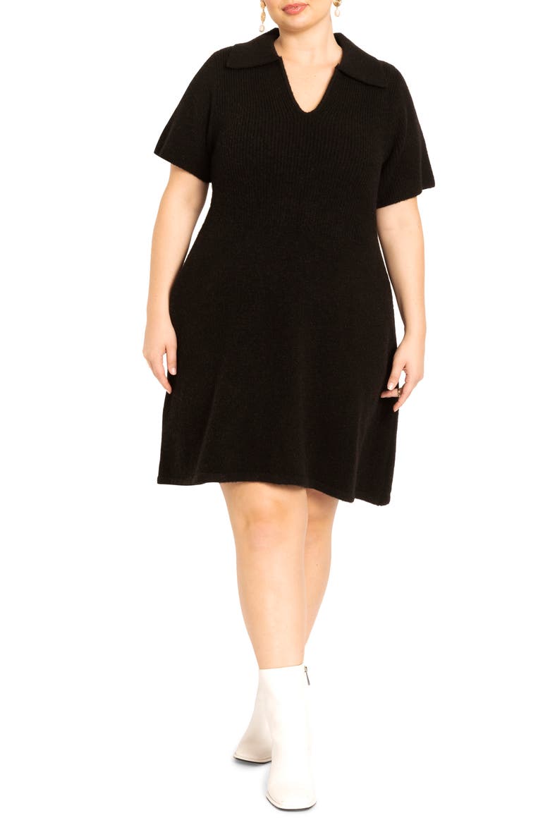 Polo Collar Mini Sweater Dress, Main, color, BLACK ONYX