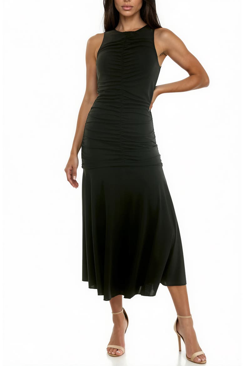 Ruched Bodice Midi Dress, Main, color, BLACK