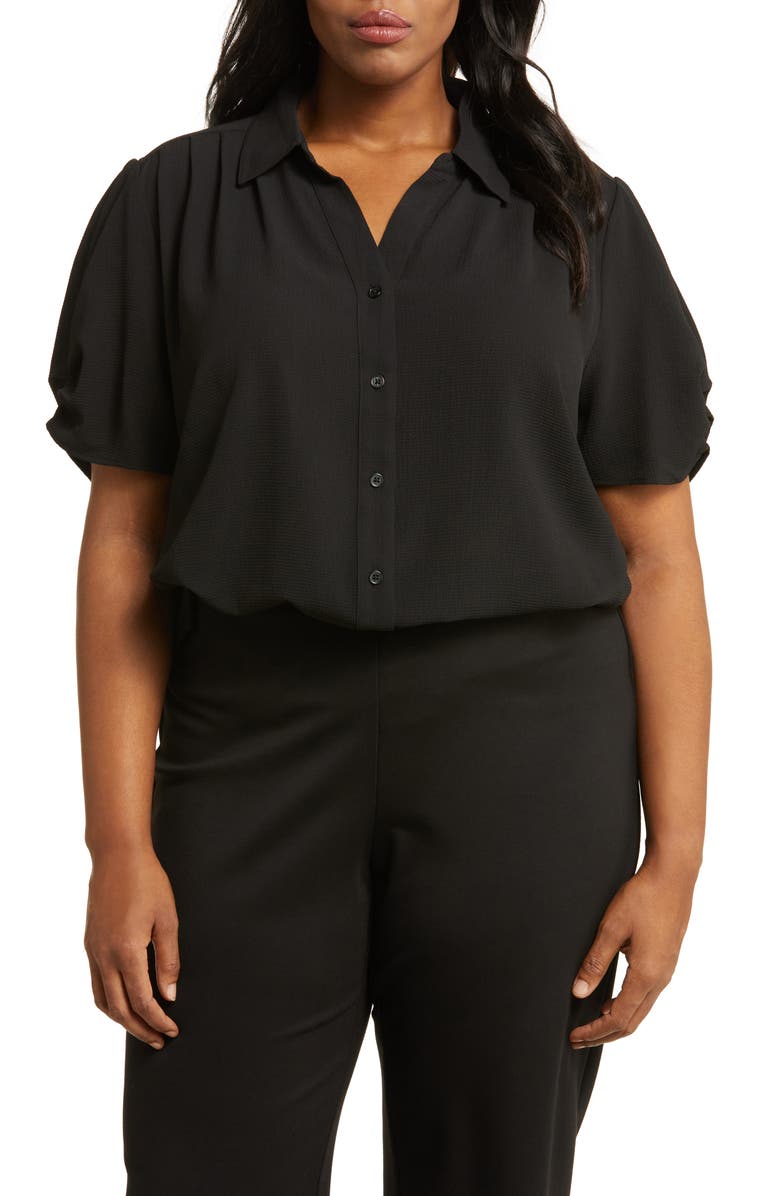 Adrianna Papell Gathered Short Sleeve Button-Up Shirt, Main, color, Black