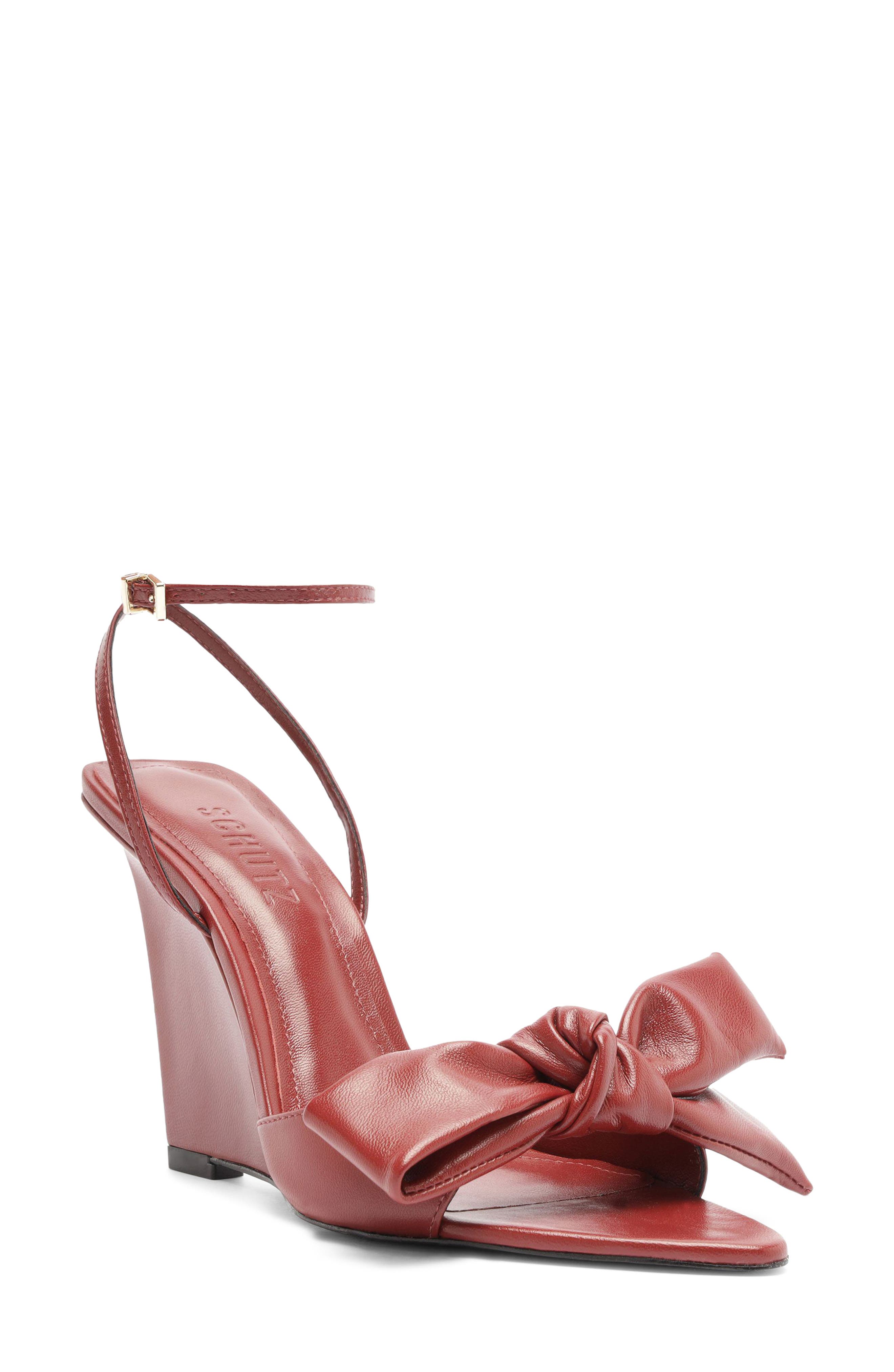Elodie Bow Wedge Leather Sandal, Main, color, PASSION RED