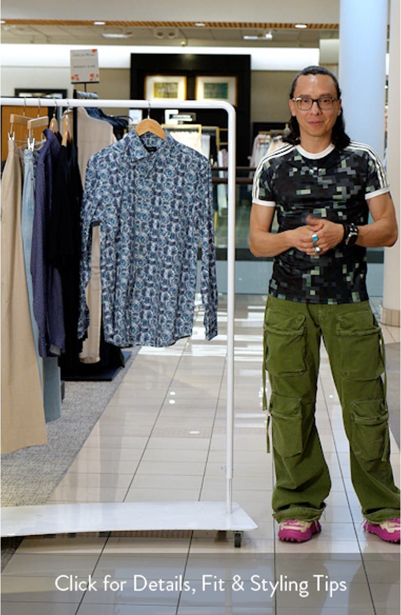 Shaped Fit Medallion Print Stretch Button-Up Shirt, sales video thumbnail