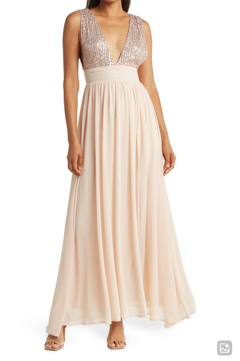 Daphne Sequin Top V-Plunge Maxi Dress, Alternate, color, CHAMPAGNE