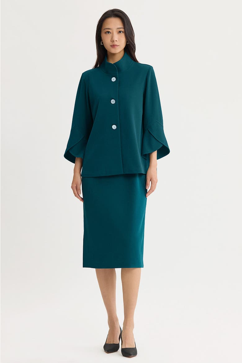 Button Front Bell Sleeve Deco Crepe Jacket, Alternate, color, Deep Teal