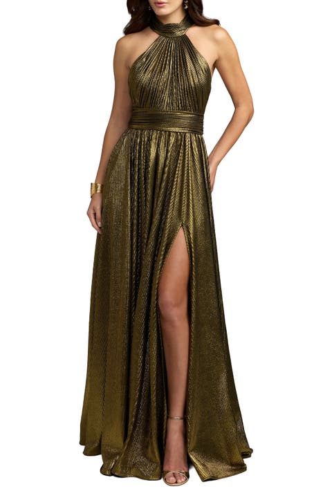 Metallic Pleated Mock Neck Gown