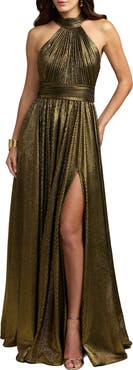 Mac Duggal Metallic Pleated Mock Neck Gown