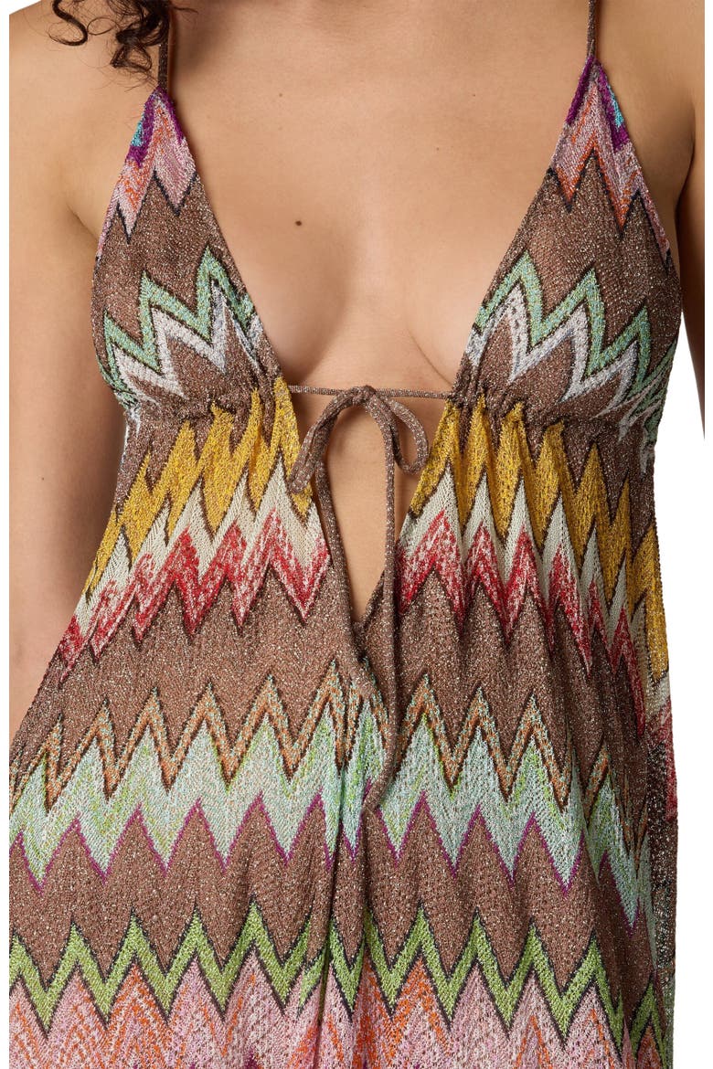 Long Beach Dress In Lamé Viscose With Macro Zigzag Pattern And Thin Straps, Alternate, color, Black & Multicoloured